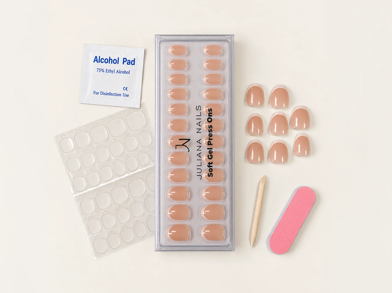 Sadržaj pakiranja Soft Gel Press Ons: tipse, naljepnice, alkoholna blazinica, turpija i drveni štapić